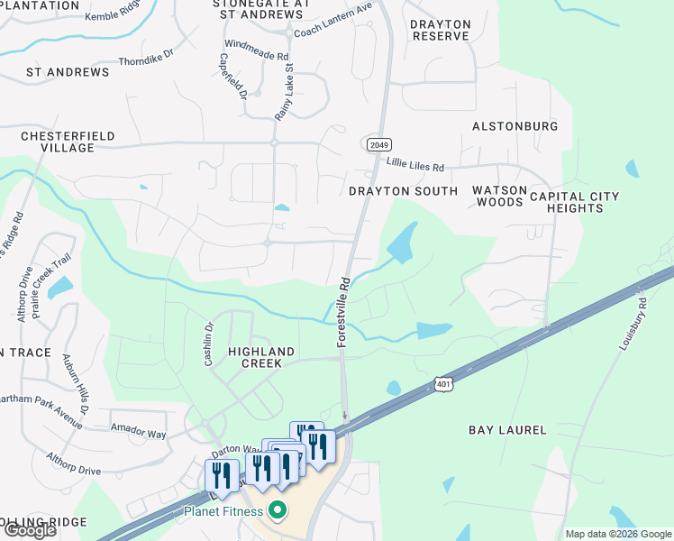 map of restaurants, bars, coffee shops, grocery stores, and more near 2613 Yellow Pine Road in Raleigh