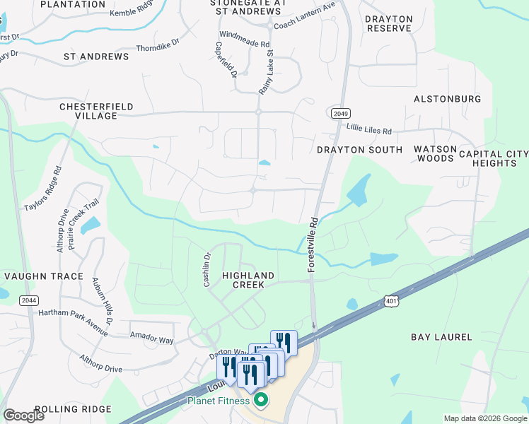 map of restaurants, bars, coffee shops, grocery stores, and more near 3418 Table Mountain Pine Drive in Wake Forest