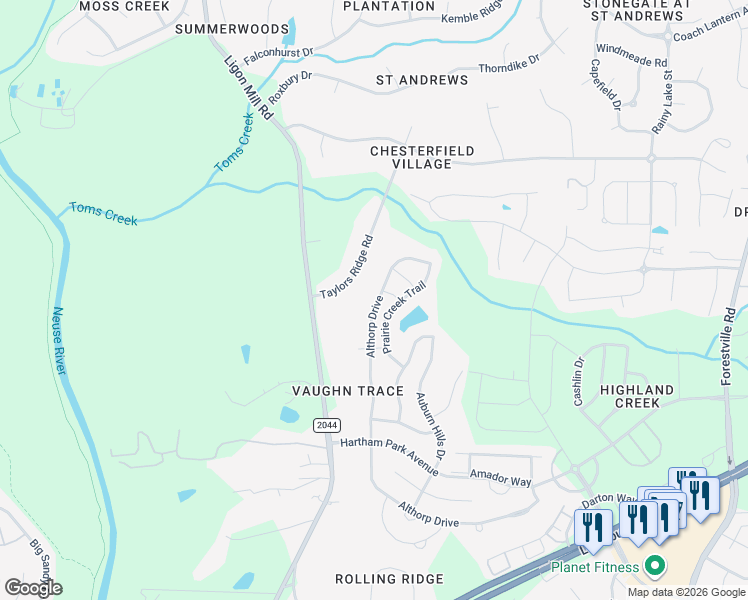 map of restaurants, bars, coffee shops, grocery stores, and more near 3428 Althorp Drive in Raleigh