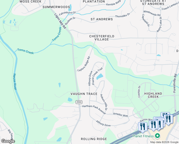 map of restaurants, bars, coffee shops, grocery stores, and more near 3428 Althorp Drive in Raleigh