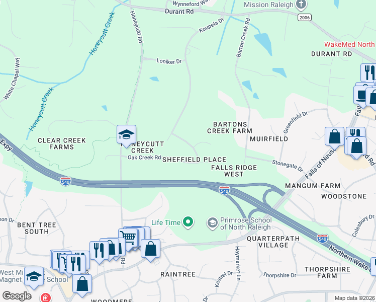 map of restaurants, bars, coffee shops, grocery stores, and more near 1013 Manor Glen Way in Raleigh