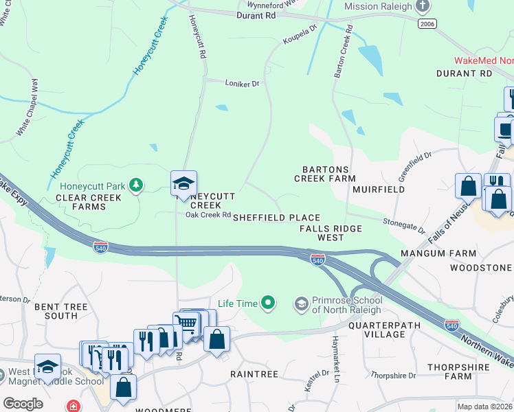 map of restaurants, bars, coffee shops, grocery stores, and more near 941 Oak Creek Road in Raleigh