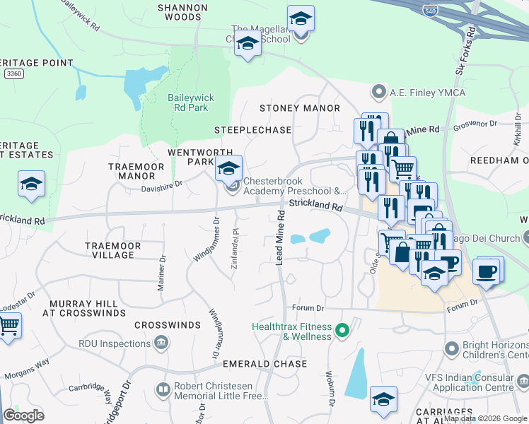 map of restaurants, bars, coffee shops, grocery stores, and more near 8403 Kempton Road in Raleigh