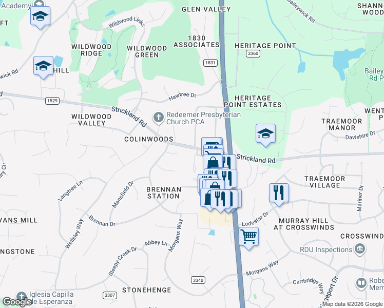 map of restaurants, bars, coffee shops, grocery stores, and more near 8341 Hempshire Place in Raleigh