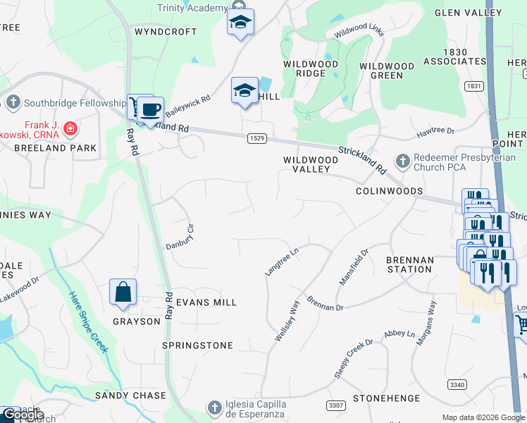 map of restaurants, bars, coffee shops, grocery stores, and more near 8708 Kenilworth Drive in Raleigh
