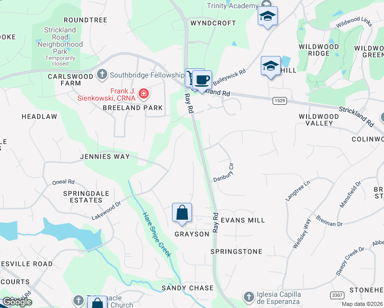 map of restaurants, bars, coffee shops, grocery stores, and more near 8809 Ray Road in Raleigh