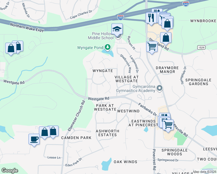 map of restaurants, bars, coffee shops, grocery stores, and more near 8820 Waynick Drive in Raleigh