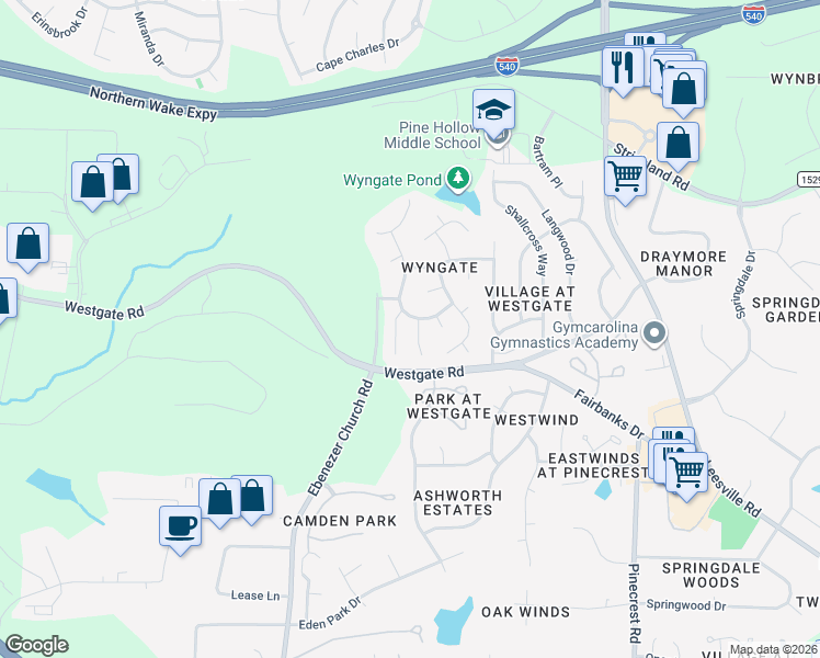 map of restaurants, bars, coffee shops, grocery stores, and more near 8732 Springhouse Lane in Raleigh