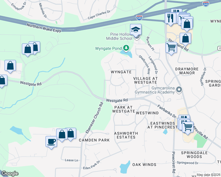 map of restaurants, bars, coffee shops, grocery stores, and more near 8732 Springhouse Lane in Raleigh