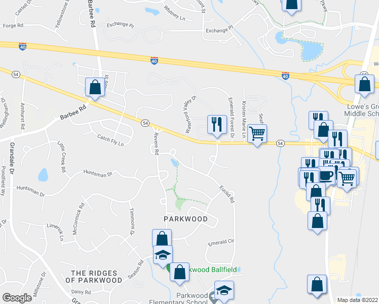 map of restaurants, bars, coffee shops, grocery stores, and more near 1520 North Carolina 54 in Durham