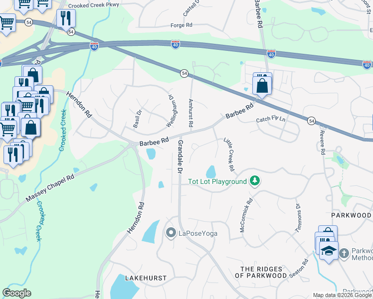map of restaurants, bars, coffee shops, grocery stores, and more near 1115 Little Creek Road in Durham