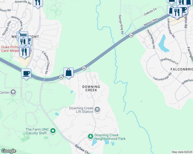 map of restaurants, bars, coffee shops, grocery stores, and more near 1205 Cranebridge Place in Chapel Hill