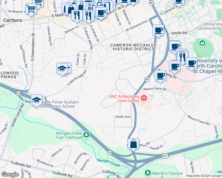 map of restaurants, bars, coffee shops, grocery stores, and more near 418 Westwood Drive in Chapel Hill