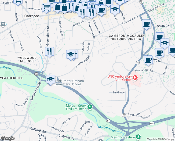 map of restaurants, bars, coffee shops, grocery stores, and more near 819 Edwards Street in Chapel Hill
