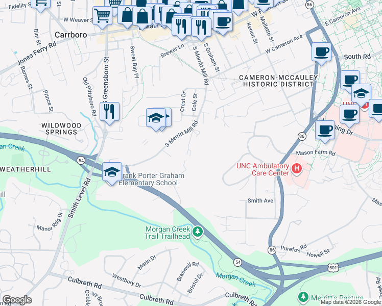 map of restaurants, bars, coffee shops, grocery stores, and more near 819 Edwards Street in Chapel Hill