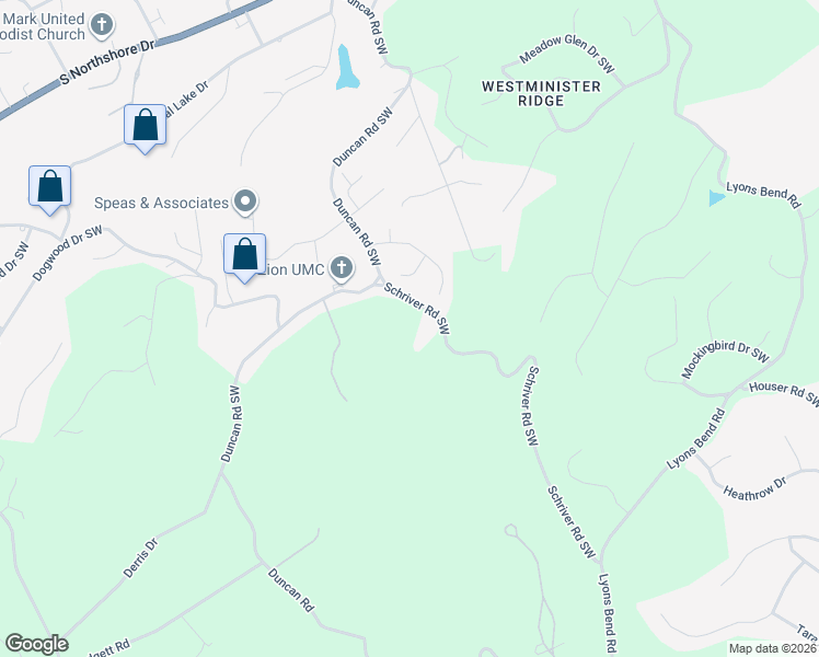 map of restaurants, bars, coffee shops, grocery stores, and more near 1823 Schriver Road Southwest in Knoxville