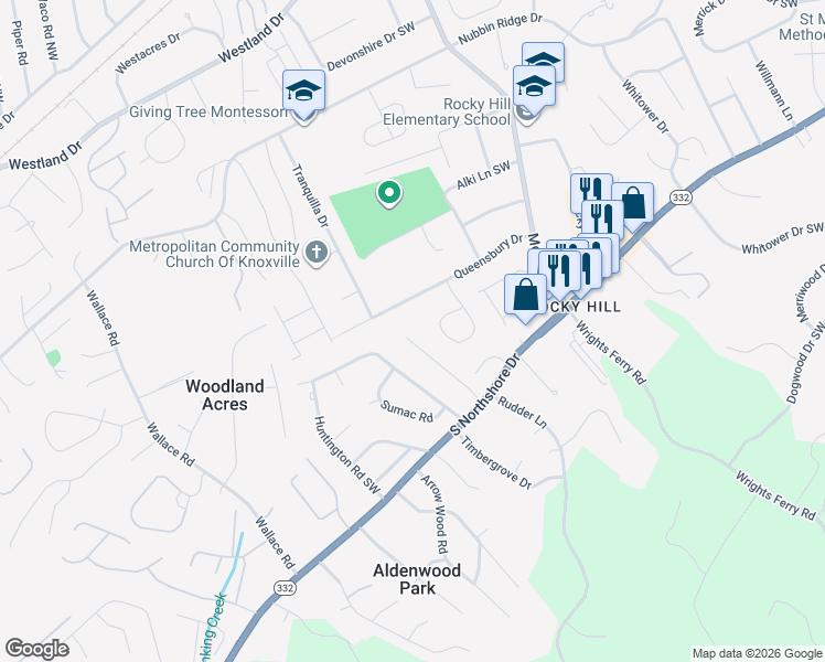 map of restaurants, bars, coffee shops, grocery stores, and more near 1334 Scotsbury Circle Southwest in Knoxville