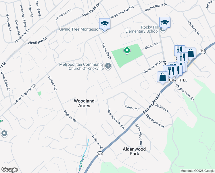 map of restaurants, bars, coffee shops, grocery stores, and more near 1307 Whisper Trace Lane in Knoxville