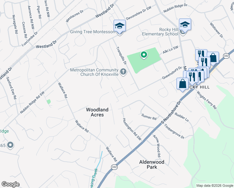 map of restaurants, bars, coffee shops, grocery stores, and more near 1307 Whisper Trace Lane in Knoxville