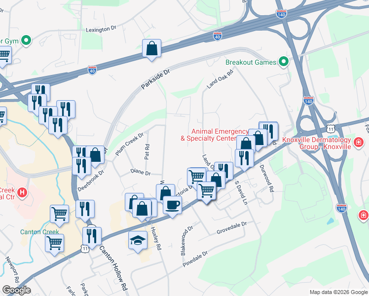 map of restaurants, bars, coffee shops, grocery stores, and more near 219 Camelot Court in Knoxville