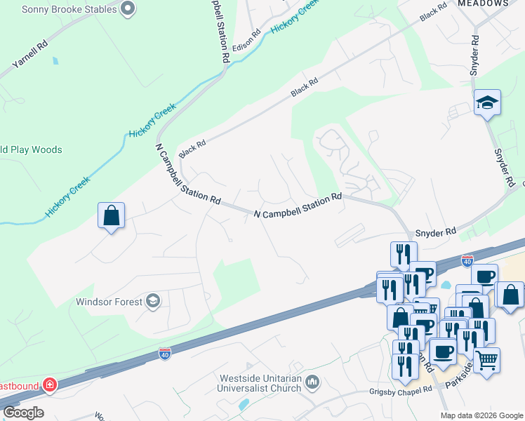 map of restaurants, bars, coffee shops, grocery stores, and more near 1100 North Campbell Station Road in Knoxville