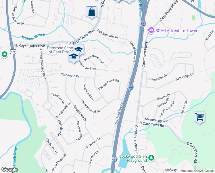 map of restaurants, bars, coffee shops, grocery stores, and more near 133 Pebble Creek Road in Franklin