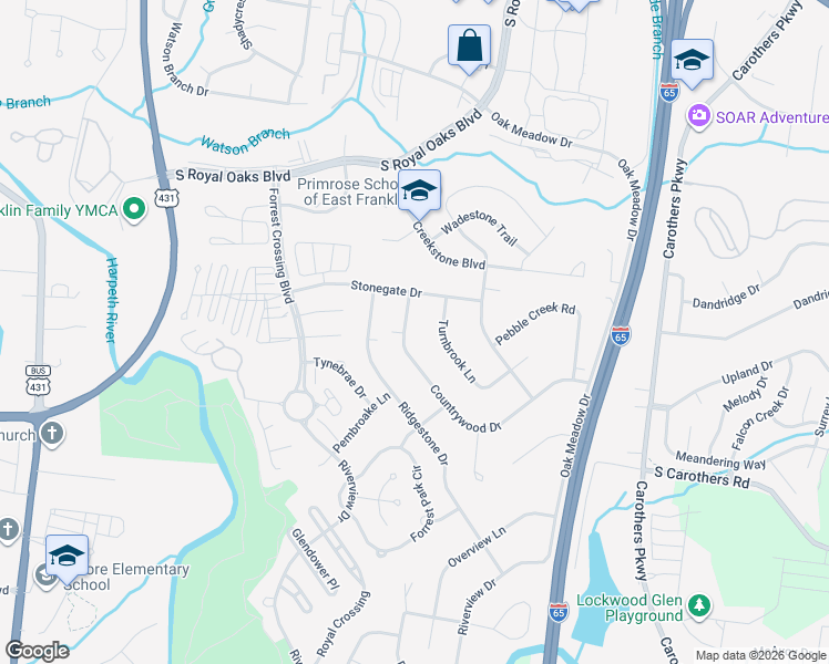 map of restaurants, bars, coffee shops, grocery stores, and more near 830 Countrywood Drive in Franklin