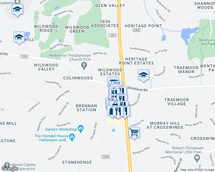 map of restaurants, bars, coffee shops, grocery stores, and more near 8260 Hempshire Place in Raleigh