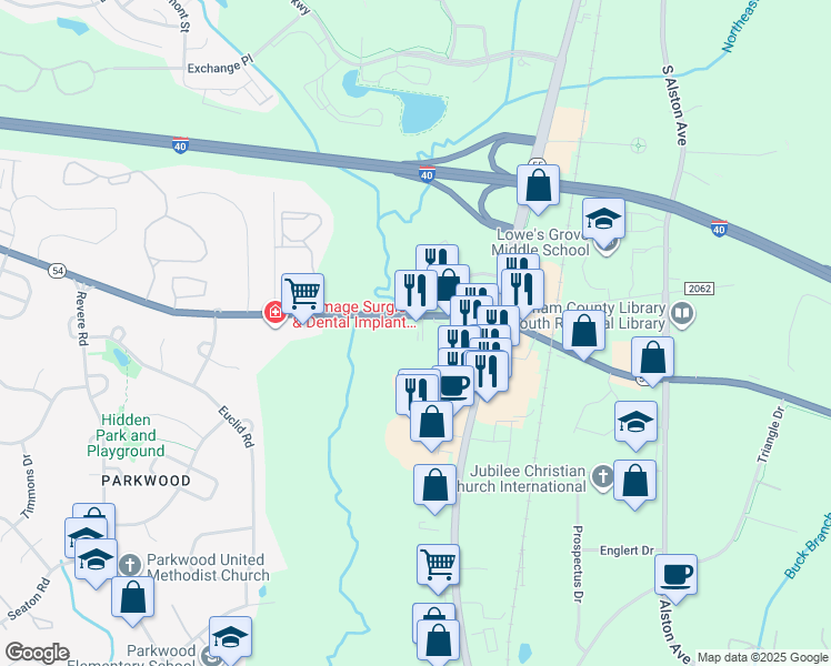 map of restaurants, bars, coffee shops, grocery stores, and more near 1906 North Carolina 54 in Durham