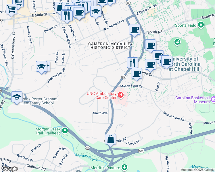 map of restaurants, bars, coffee shops, grocery stores, and more near 403 Westwood Drive in Chapel Hill