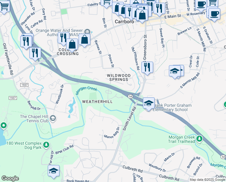 map of restaurants, bars, coffee shops, grocery stores, and more near 115 Coleridge Court in Carrboro