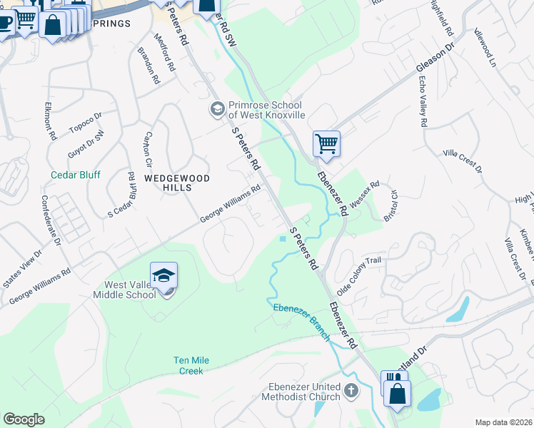 map of restaurants, bars, coffee shops, grocery stores, and more near 601 South Peters Road in Knoxville