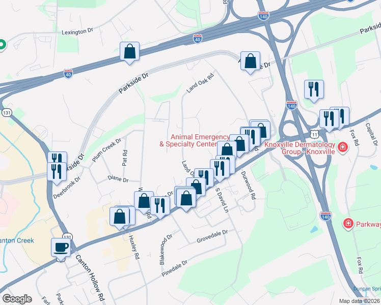 map of restaurants, bars, coffee shops, grocery stores, and more near 200 Guinnwood Lane in Knoxville