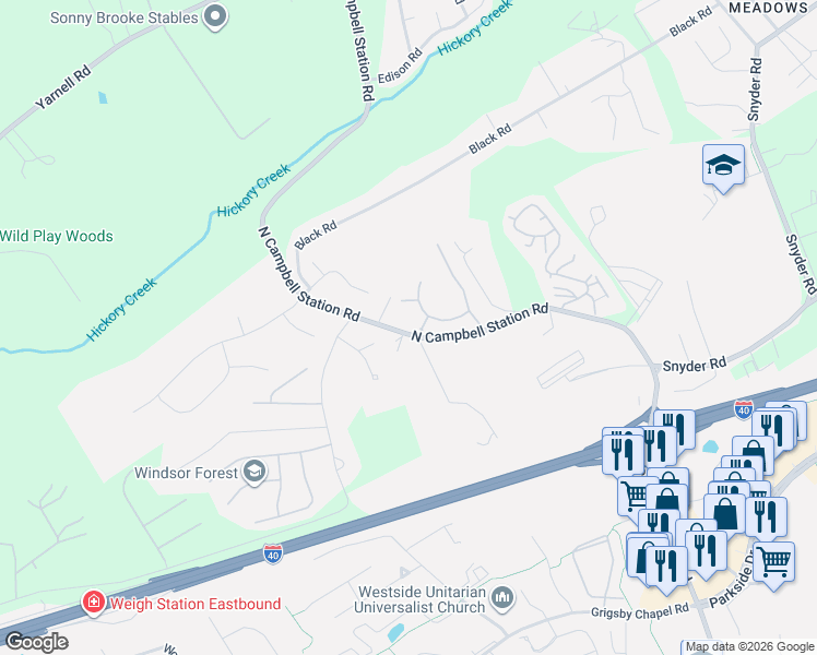 map of restaurants, bars, coffee shops, grocery stores, and more near 1100 North Campbell Station Road in Knoxville