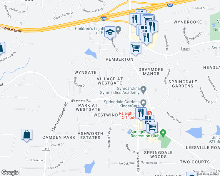 map of restaurants, bars, coffee shops, grocery stores, and more near 5409 Sorrell Crossing Drive in Raleigh