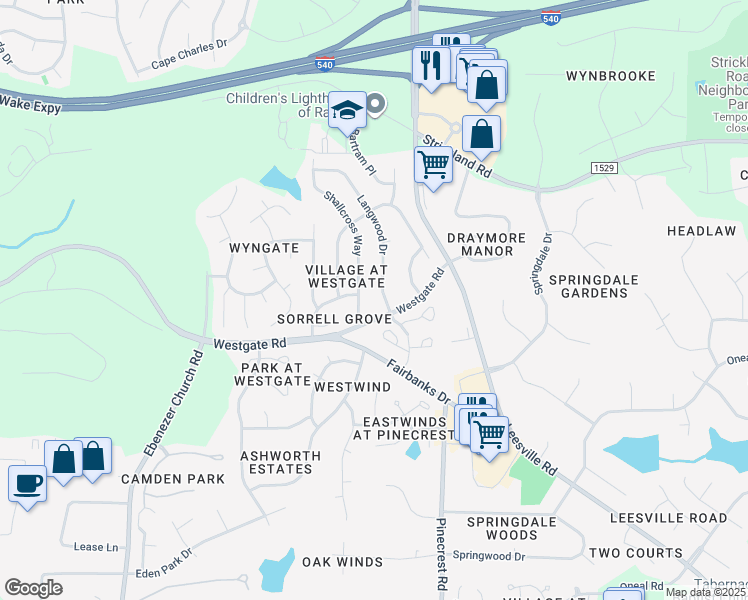 map of restaurants, bars, coffee shops, grocery stores, and more near 9000 Shallcross Way in Raleigh