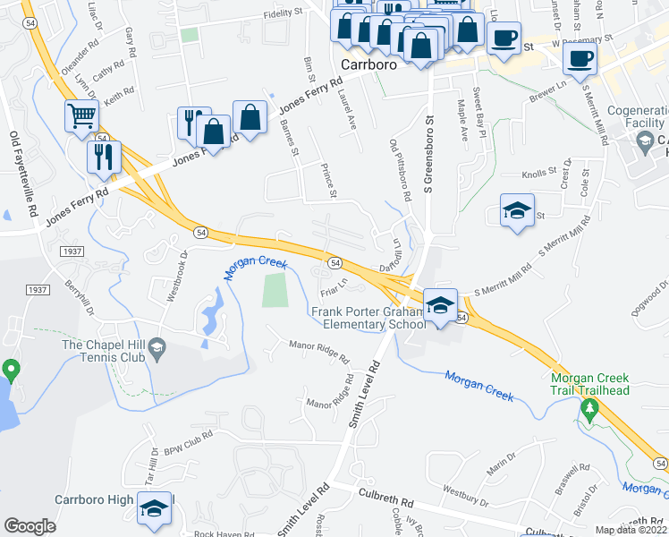 map of restaurants, bars, coffee shops, grocery stores, and more near 115 Coleridge Court in Carrboro