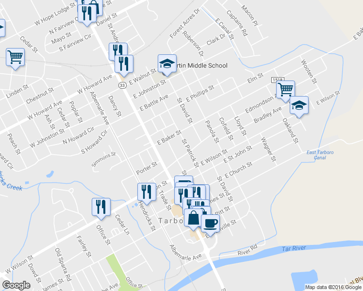 map of restaurants, bars, coffee shops, grocery stores, and more near 806 Saint Patrick Street in Tarboro