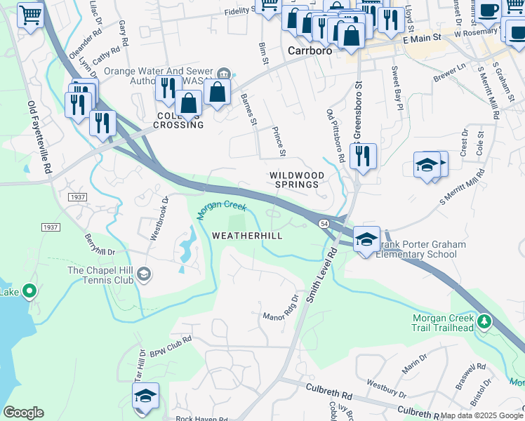 map of restaurants, bars, coffee shops, grocery stores, and more near 118 Marlowe Court in Carrboro