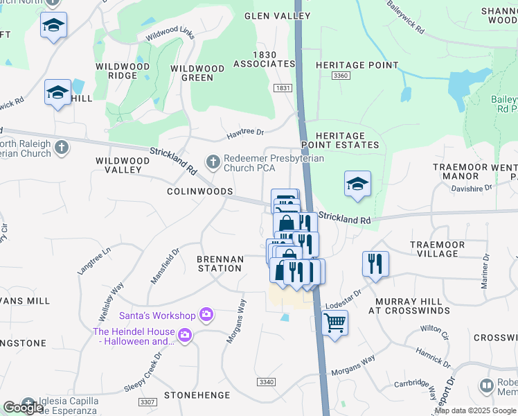 map of restaurants, bars, coffee shops, grocery stores, and more near 8341 Hempshire Place in Raleigh