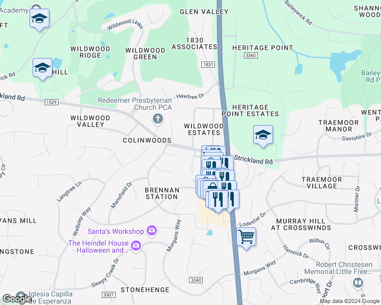 map of restaurants, bars, coffee shops, grocery stores, and more near 8341 Hempshire Place in Raleigh