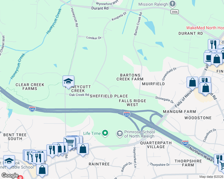 map of restaurants, bars, coffee shops, grocery stores, and more near 1013 Manor Glen Way in Raleigh