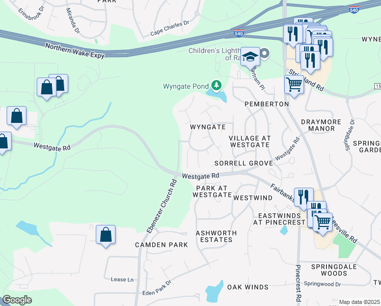 map of restaurants, bars, coffee shops, grocery stores, and more near 8728 Springhouse Lane in Raleigh