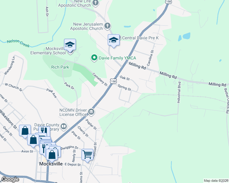 map of restaurants, bars, coffee shops, grocery stores, and more near 768 North Main Street in Mocksville