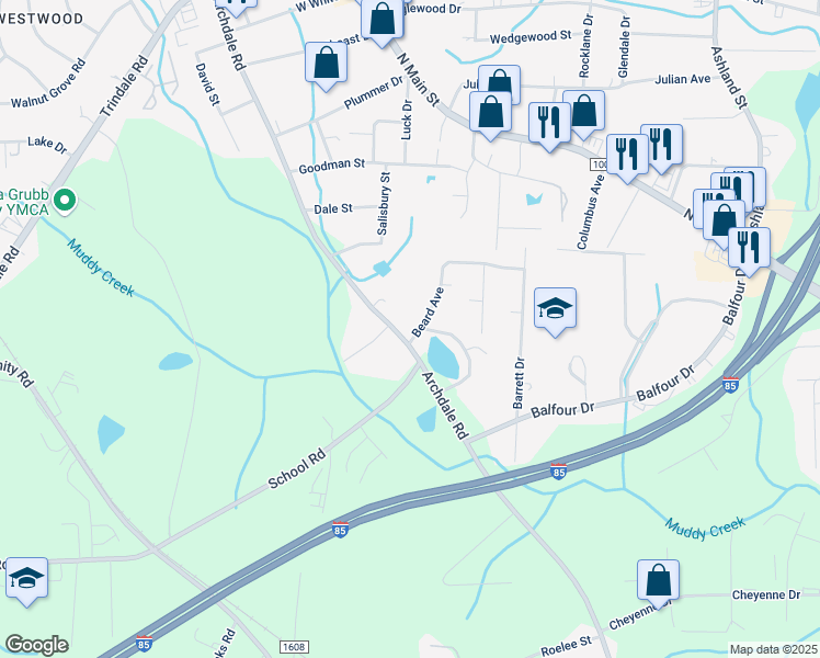 map of restaurants, bars, coffee shops, grocery stores, and more near 4335 Archdale Road in Archdale