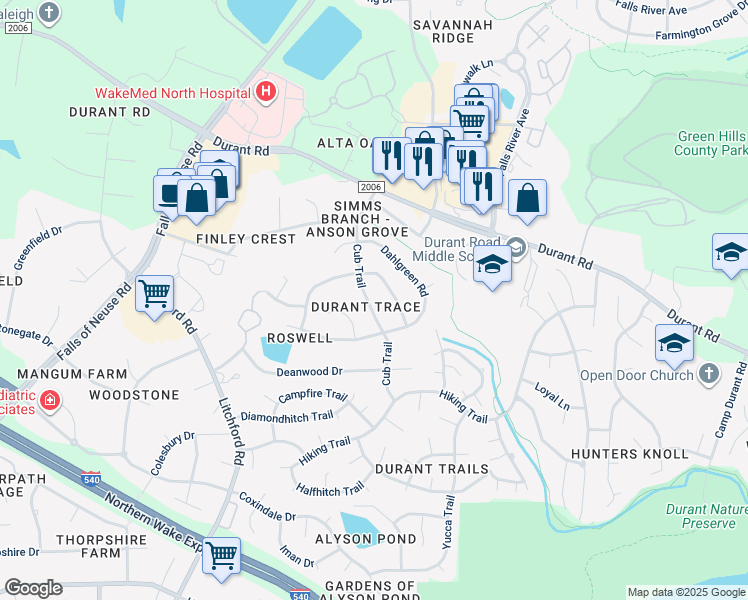 map of restaurants, bars, coffee shops, grocery stores, and more near 9200 Cub Trail in Raleigh