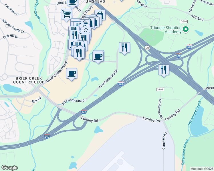 map of restaurants, bars, coffee shops, grocery stores, and more near 9999 Arco Corporate Drive in Raleigh