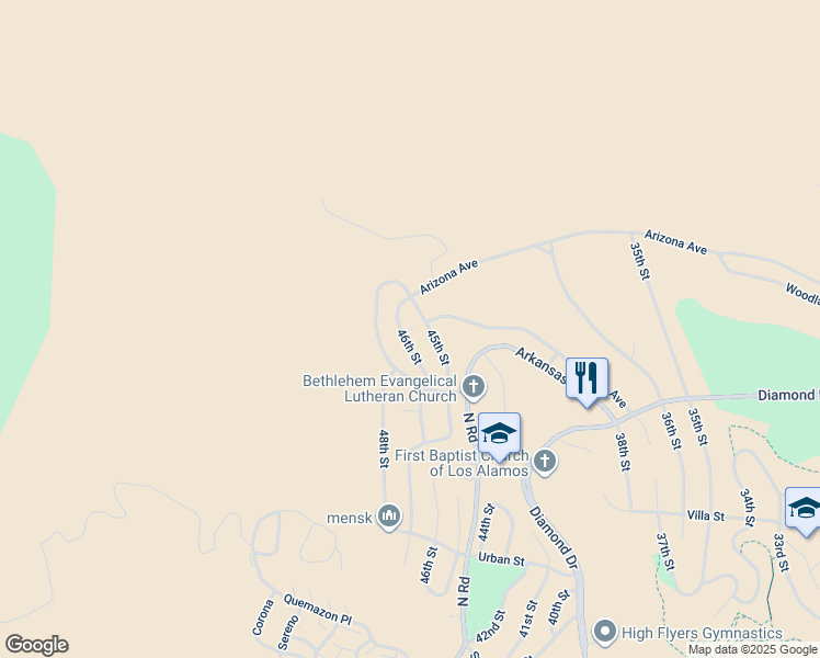 map of restaurants, bars, coffee shops, grocery stores, and more near 2545 46th Street in Los Alamos
