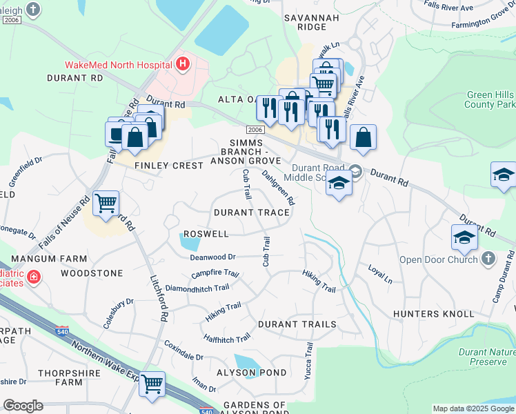map of restaurants, bars, coffee shops, grocery stores, and more near 9200 Cub Trail in Raleigh