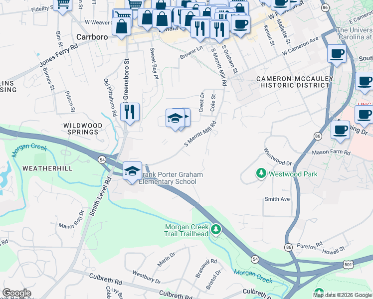 map of restaurants, bars, coffee shops, grocery stores, and more near 735 South Merritt Mill Road in Chapel Hill
